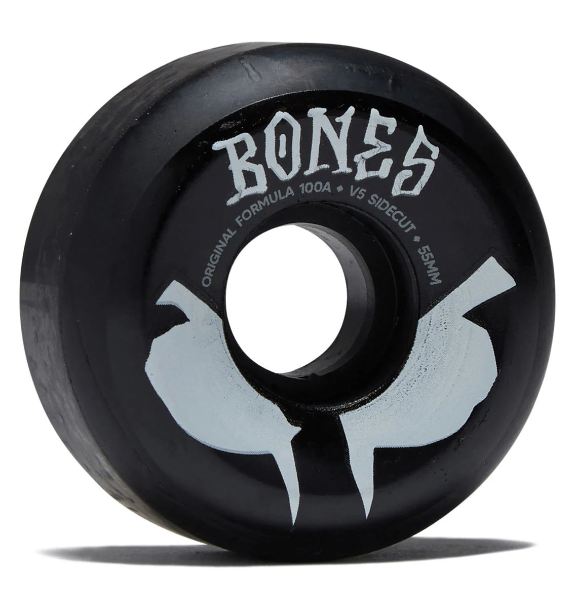 Black skateboard wheel with 'Bones' branding on a white background