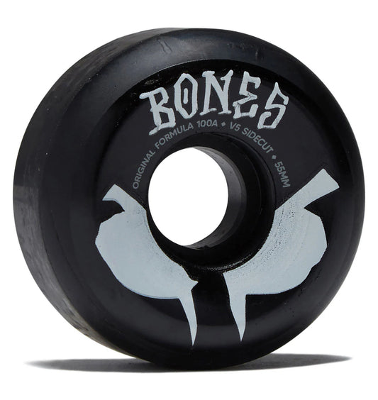 Black skateboard wheel with 'Bones' branding on a white background