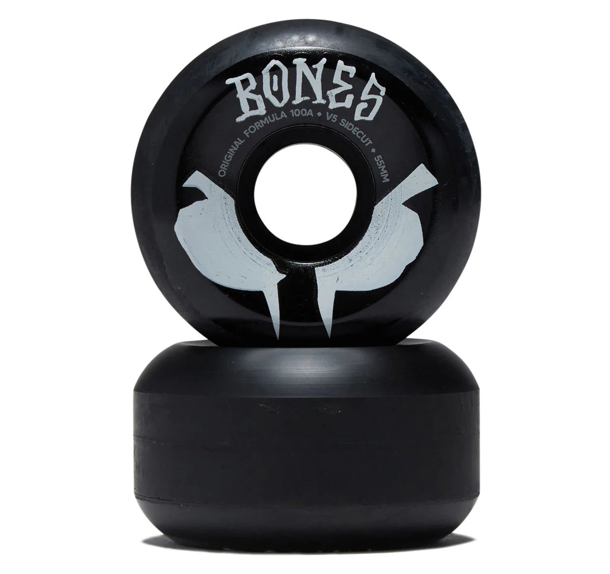 Black skateboard wheels with 'Bones' branding on a white background