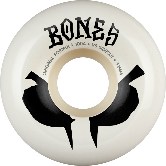 White skateboard wheel with black text and design on a white background