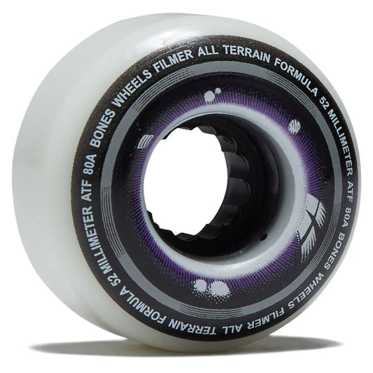 Skateboard wheel with white rim and black and purple text on a white background