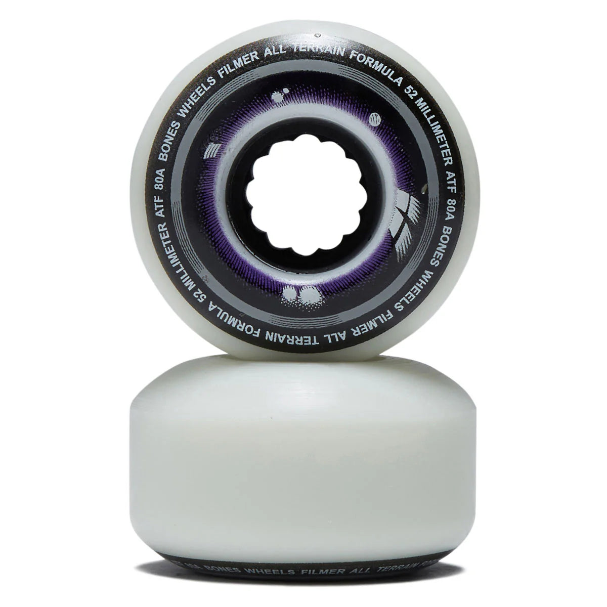 Two skateboard wheels with a white and purple design on a white background