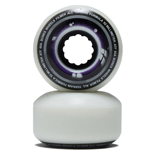 Two skateboard wheels with a white and purple design on a white background