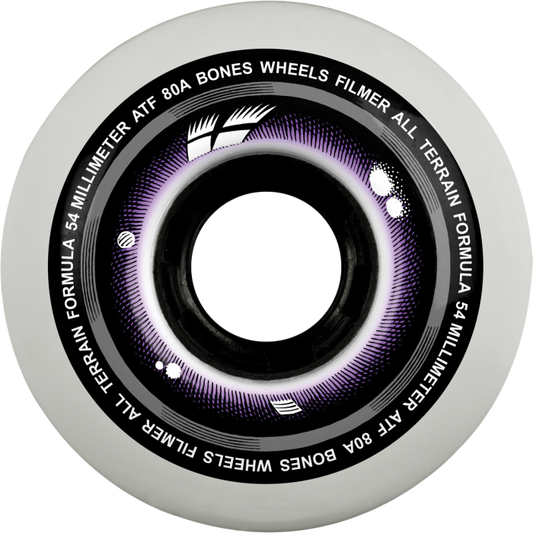 Skateboard wheel with purple center and black text on a white background