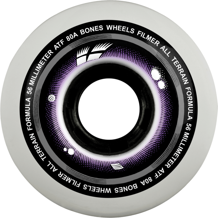 Skateboard wheel with purple center and black text on a white background