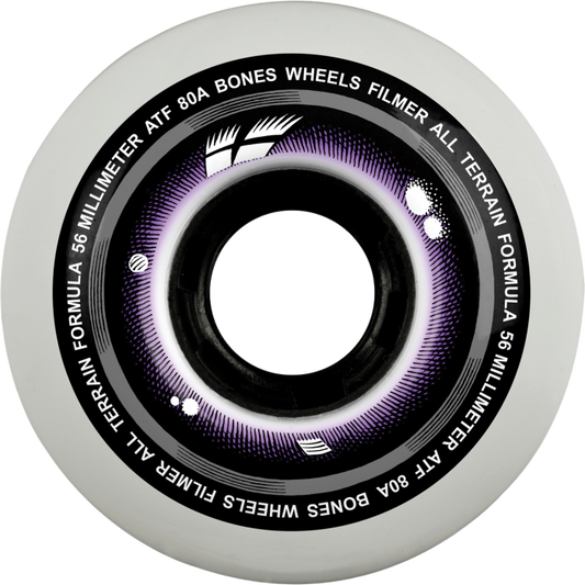 Skateboard wheel with purple center and black text on a white background