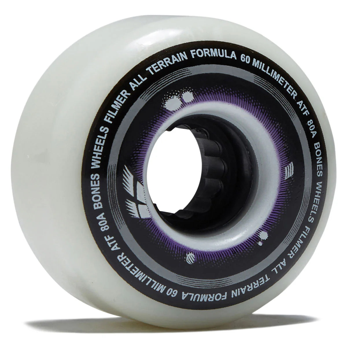 Skateboard wheel with white rim and black and purple text on a white background