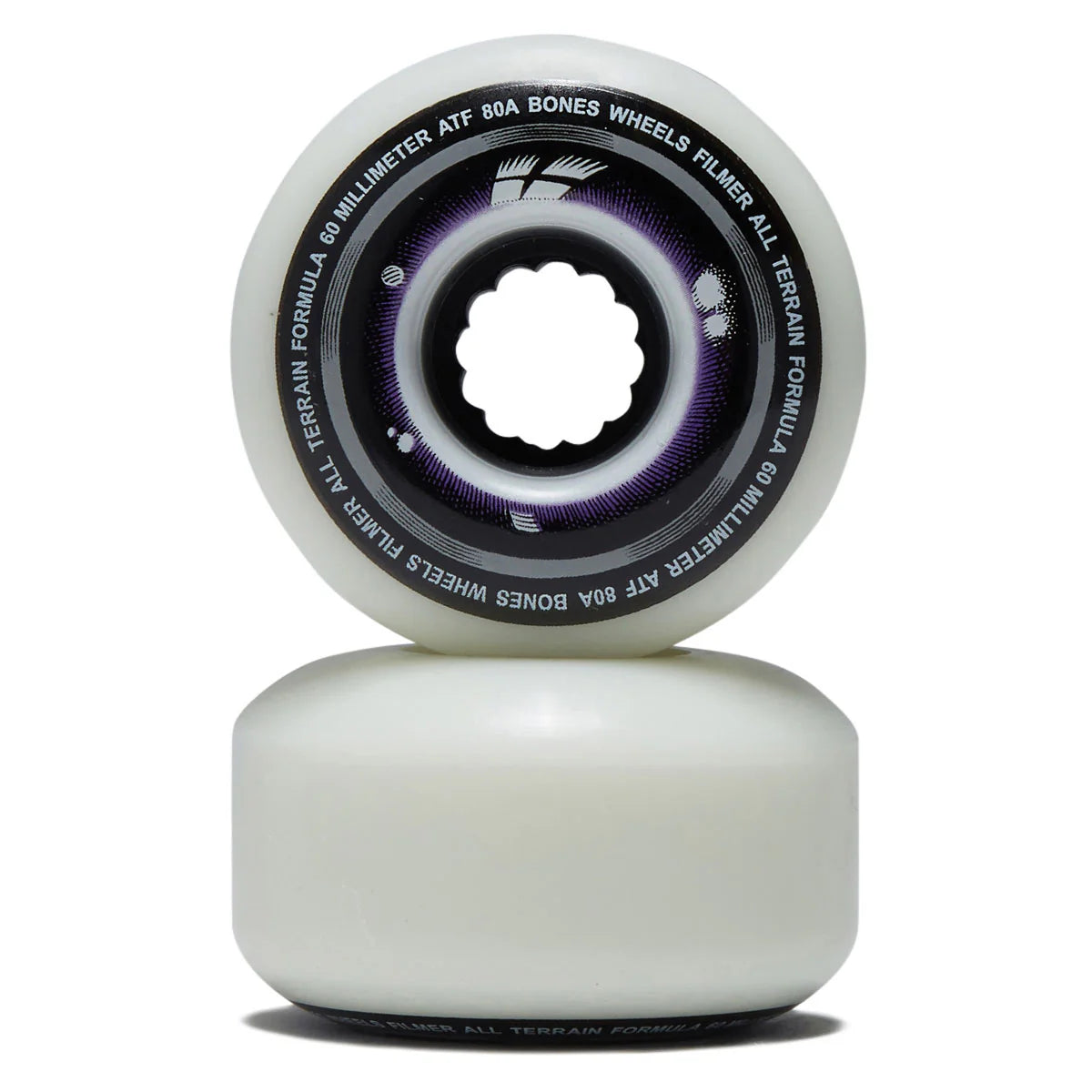 Two white skateboard wheels with black text on a white background