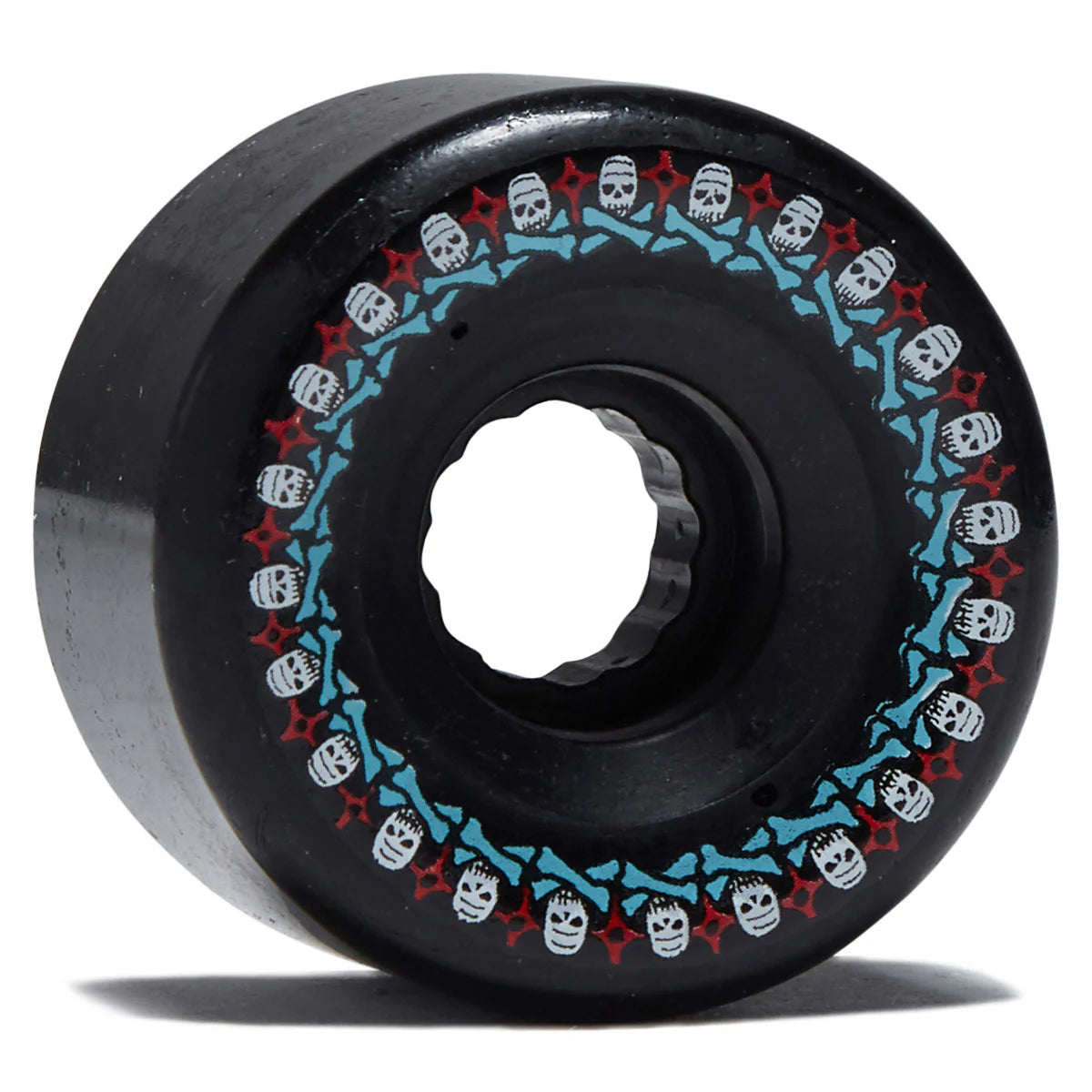 Black skateboard wheel with skull and crossbones pattern on a white background