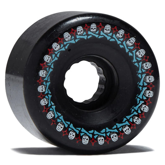 Black skateboard wheel with skull and crossbones pattern on a white background