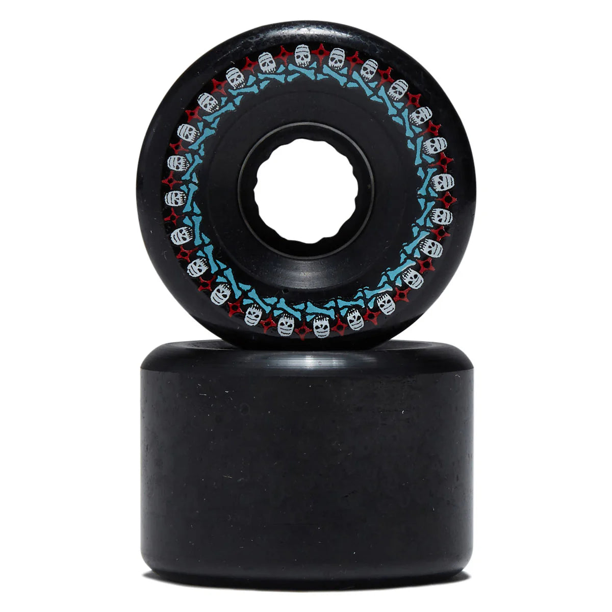 Black skateboard wheels with skull pattern on a white background