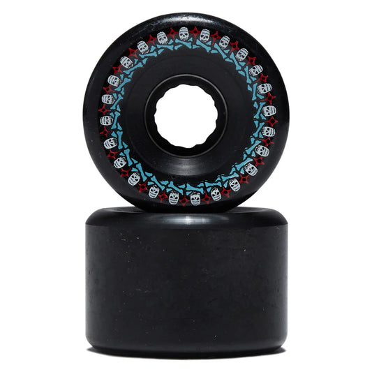 Black skateboard wheels with skull pattern on a white background