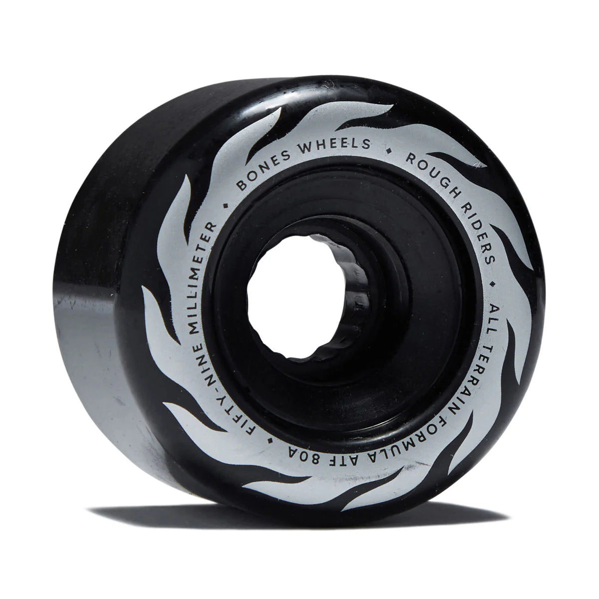Black and silver skateboard wheel with branding on a white background