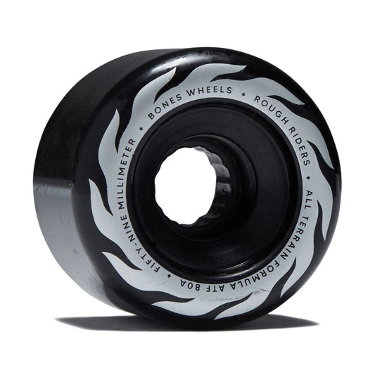 Black and silver skateboard wheel with branding on a white background