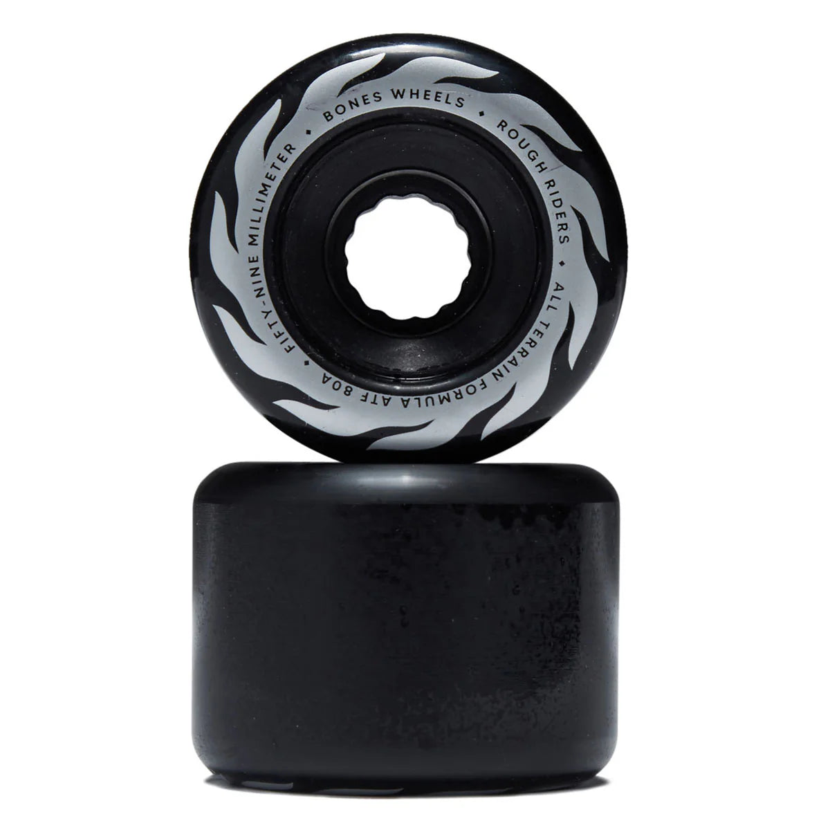 Black and gray skateboard wheel with branding on a white background