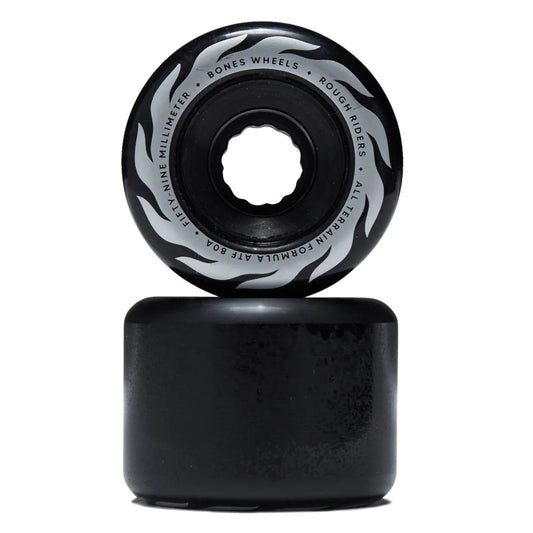 Black and gray skateboard wheel with branding on a white background