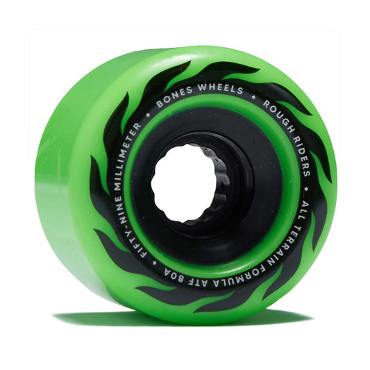 Green skateboard wheel with black text on a white background