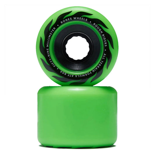 Green skateboard wheels with black text on a white background