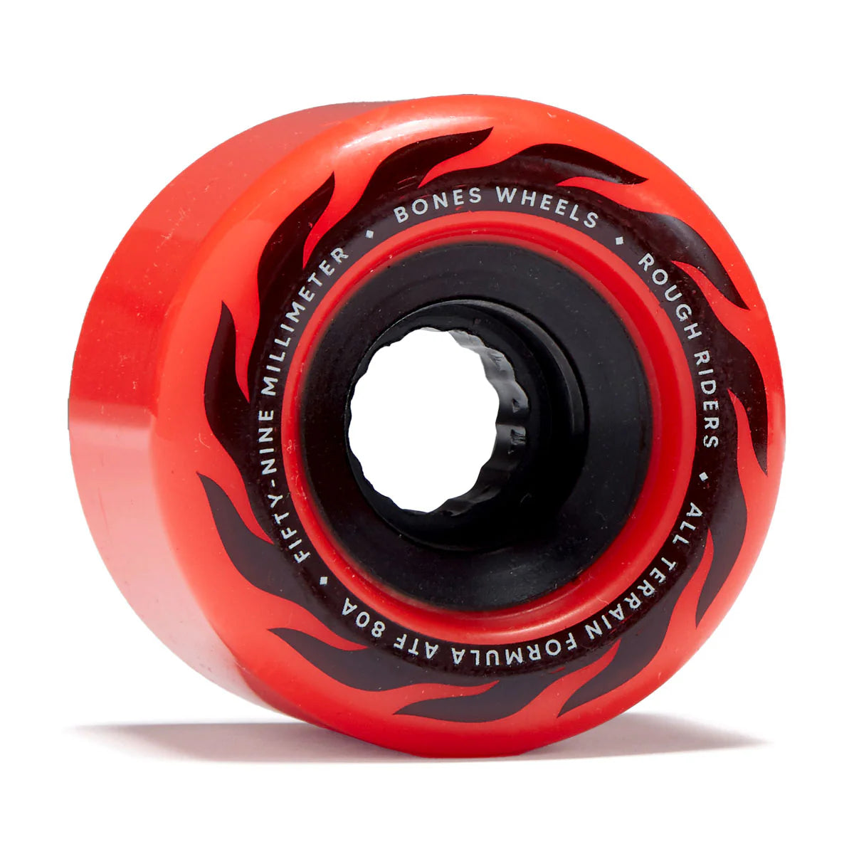 Red skateboard wheel with black flames and visible branding on a white background