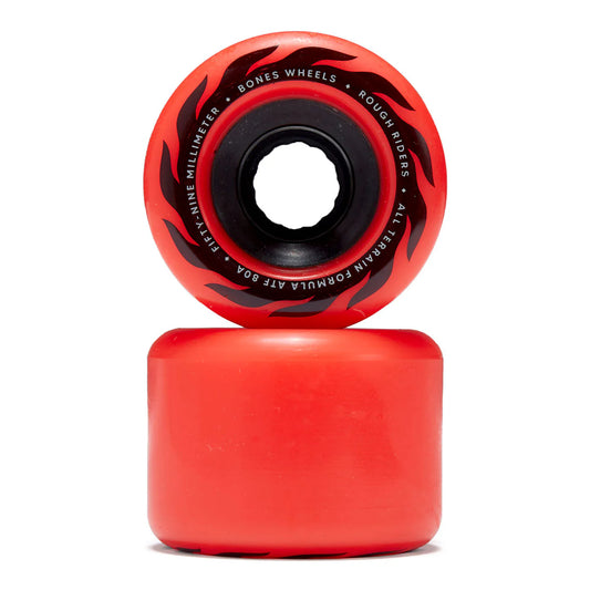 Red skateboard wheel with black center and branding on a white background