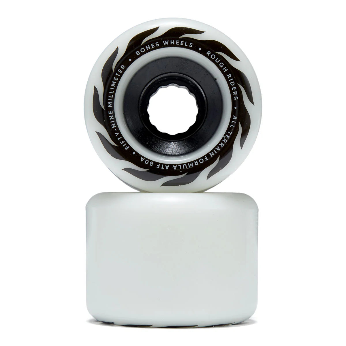 Two skateboard wheels with black and white design on a white background