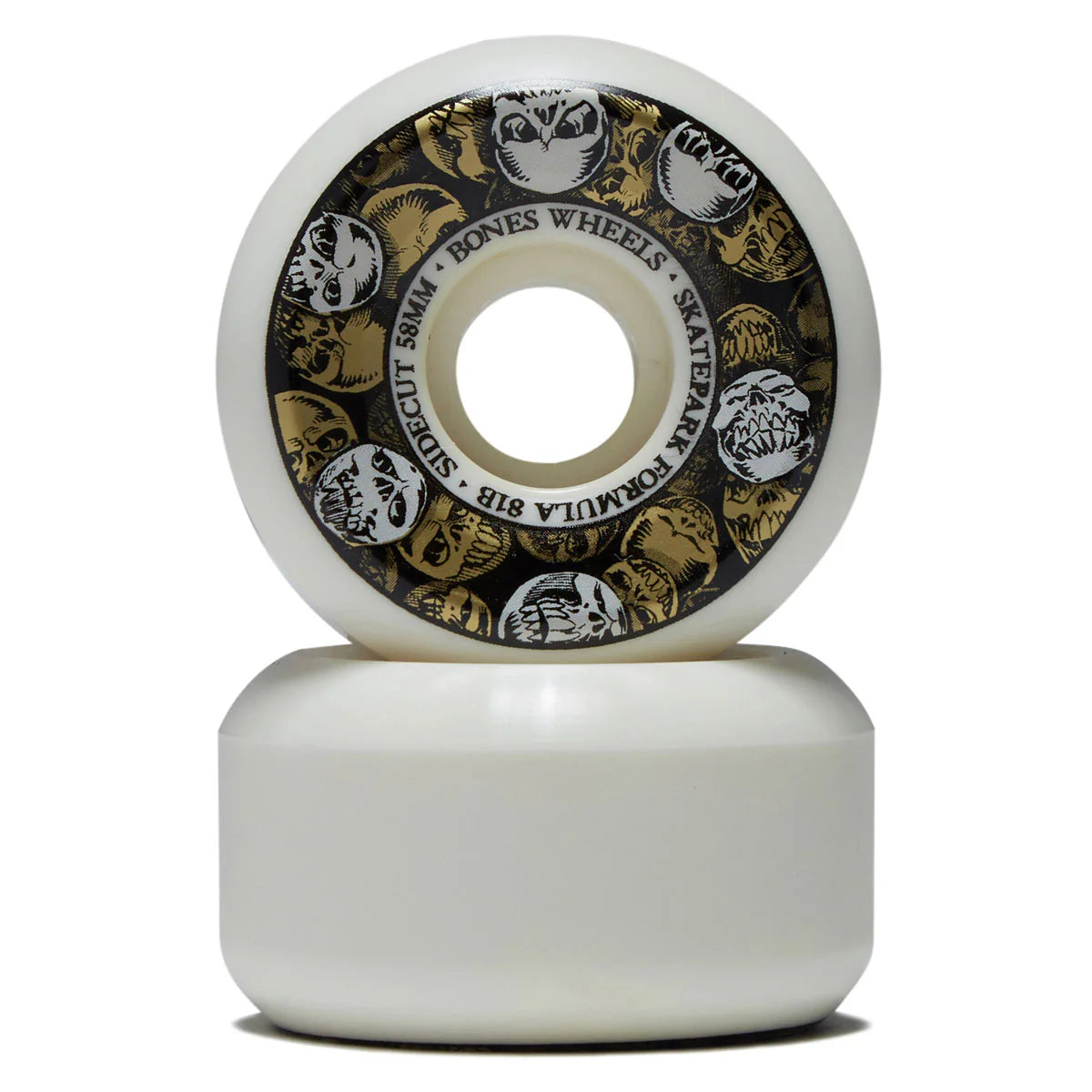 Two skateboard wheels with a black and gold pattern on a white background