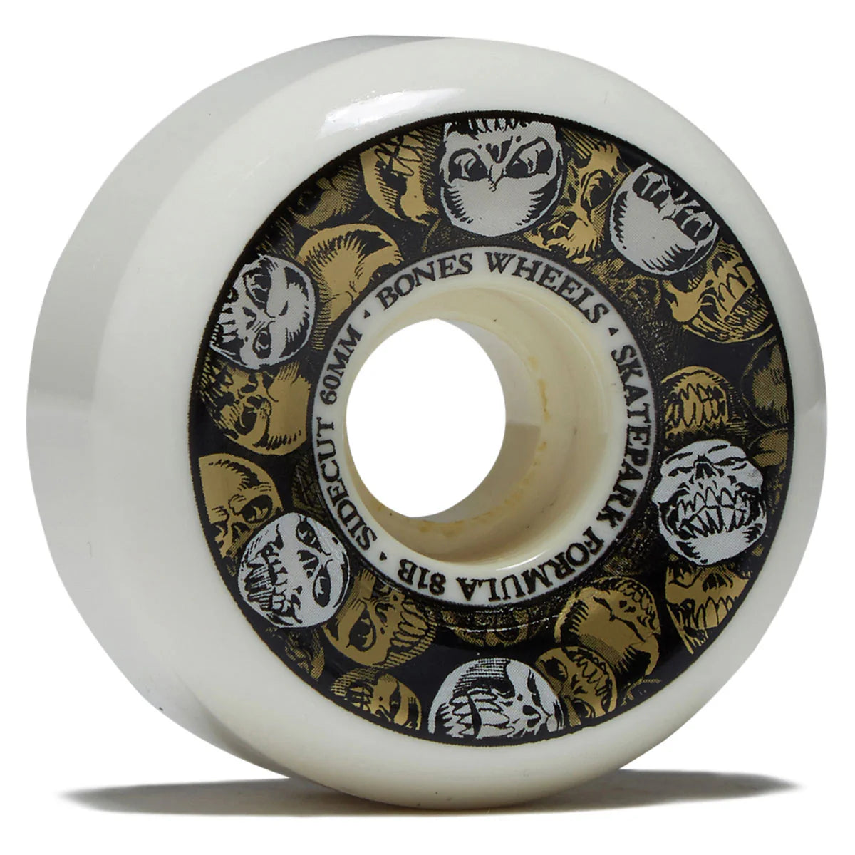Skateboard wheel with owl pattern and 'Bones Wheels' branding on a white background