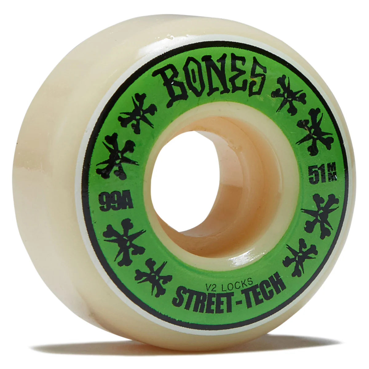 Skateboard wheel with 'Bones' branding on a white background