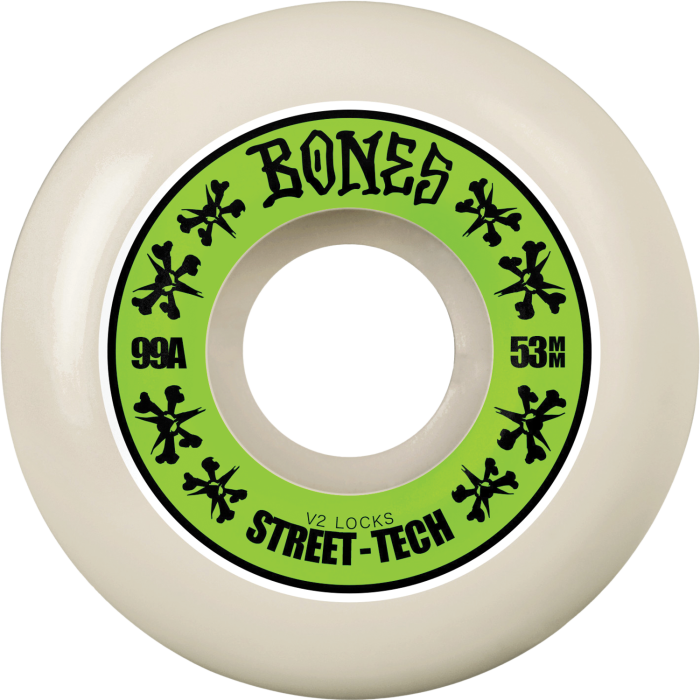 Bones skateboard wheel with green and black label on a white background