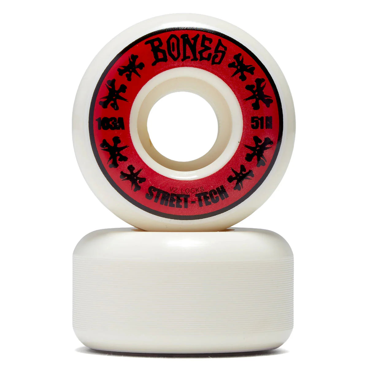Skateboard wheels with red and black 'Bones' logo on a white background