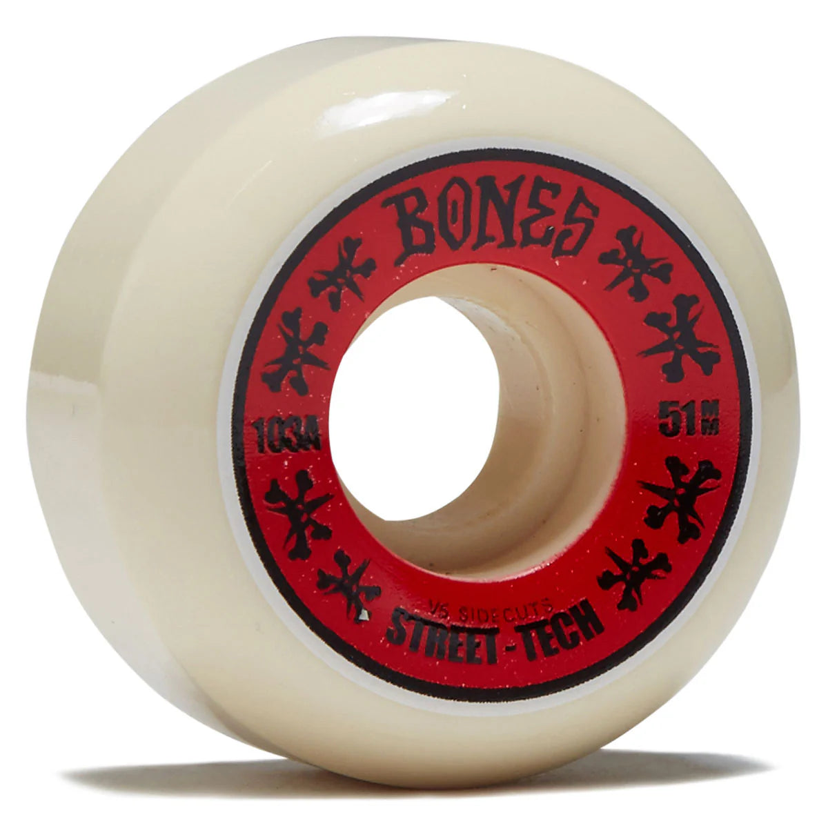 Skateboard wheel with Bones logo on a white background