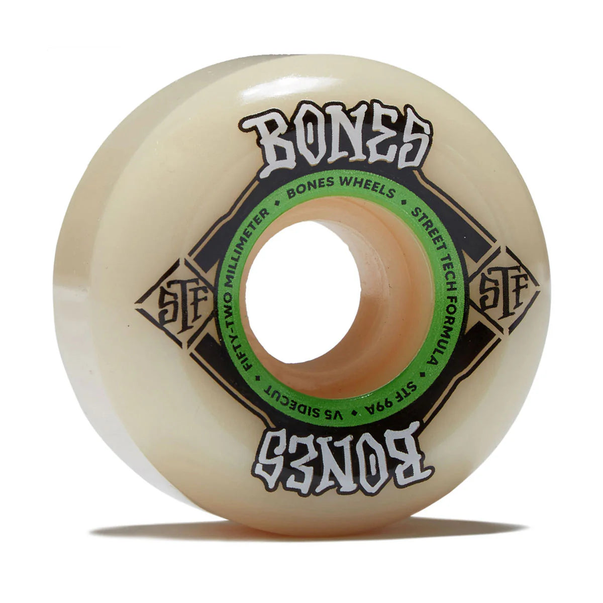 Skateboard wheel with Bones Wheels branding on a white background