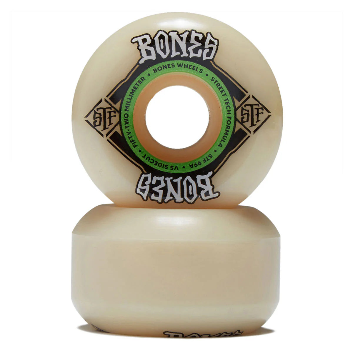 Two skateboard wheels with Bones logo on a white background