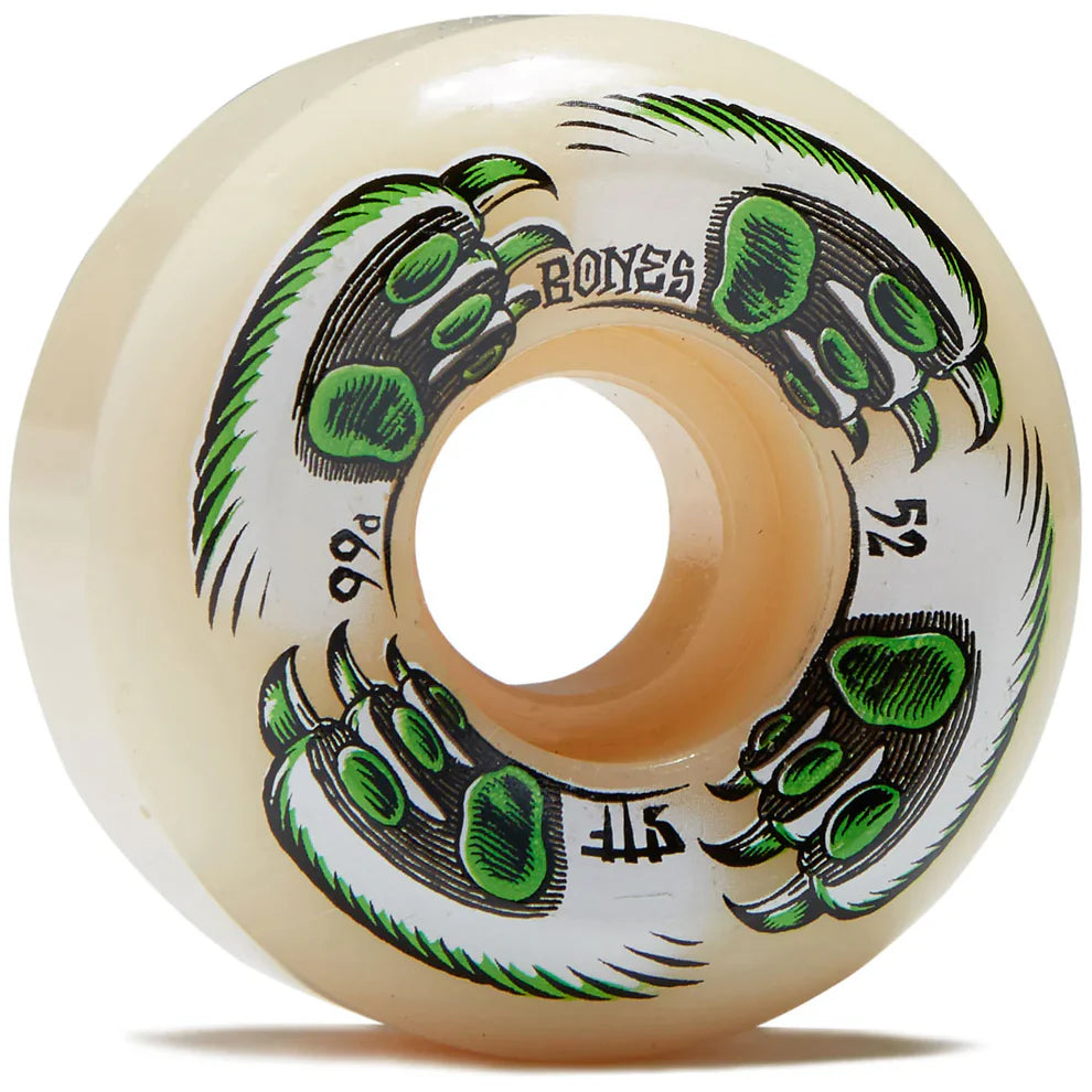 Skateboard wheel with green and black graphics and 'Bones' branding on a white background