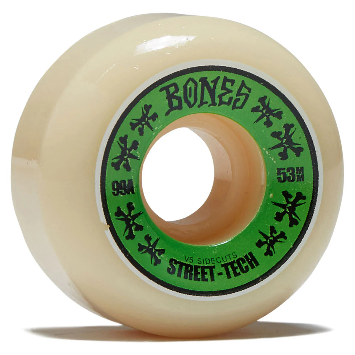 Skateboard wheel with 'Bones' branding on a white background