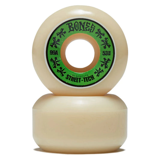 Two beige skateboard wheels with a green and black 'Bones' logo on a white background