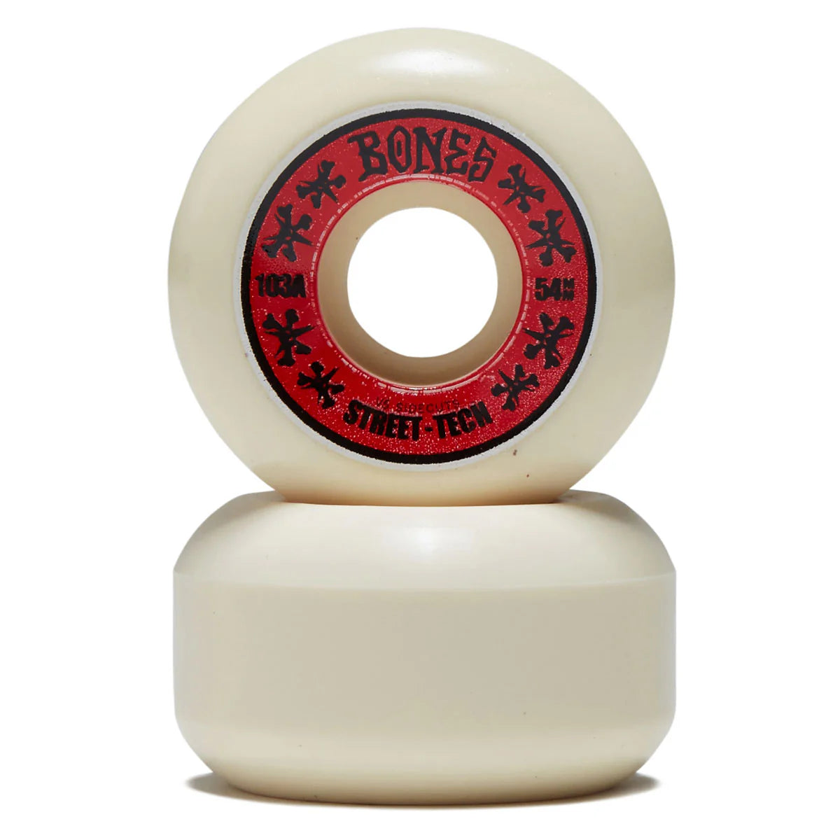 Two skateboard wheels with a red and black center logo on a white background