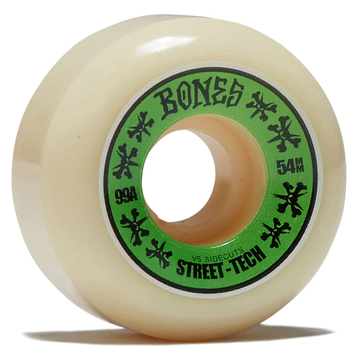 Skateboard wheel with 'Bones' branding on a white background