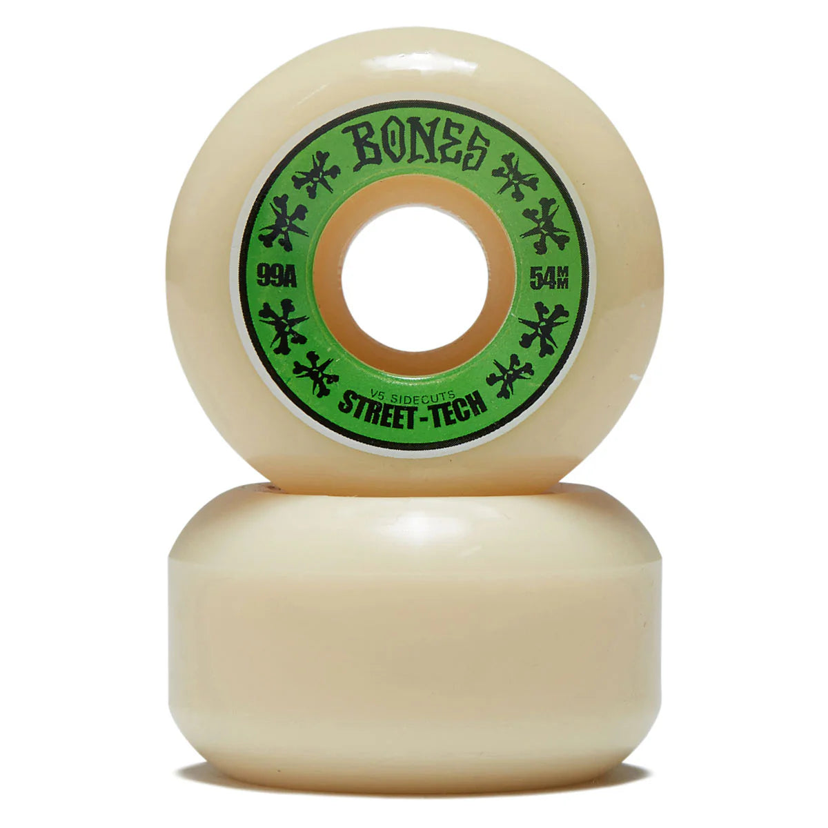 Two skateboard wheels with a green and black 'Bones' logo on a white background