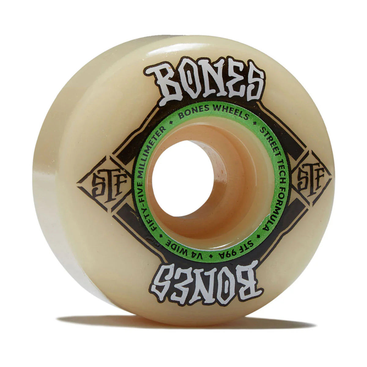 Beige skateboard wheel with 'Bones' branding on a white background