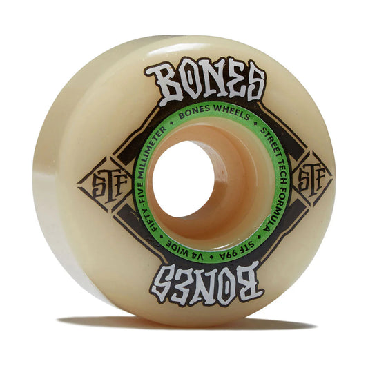 Beige skateboard wheel with 'Bones' branding on a white background