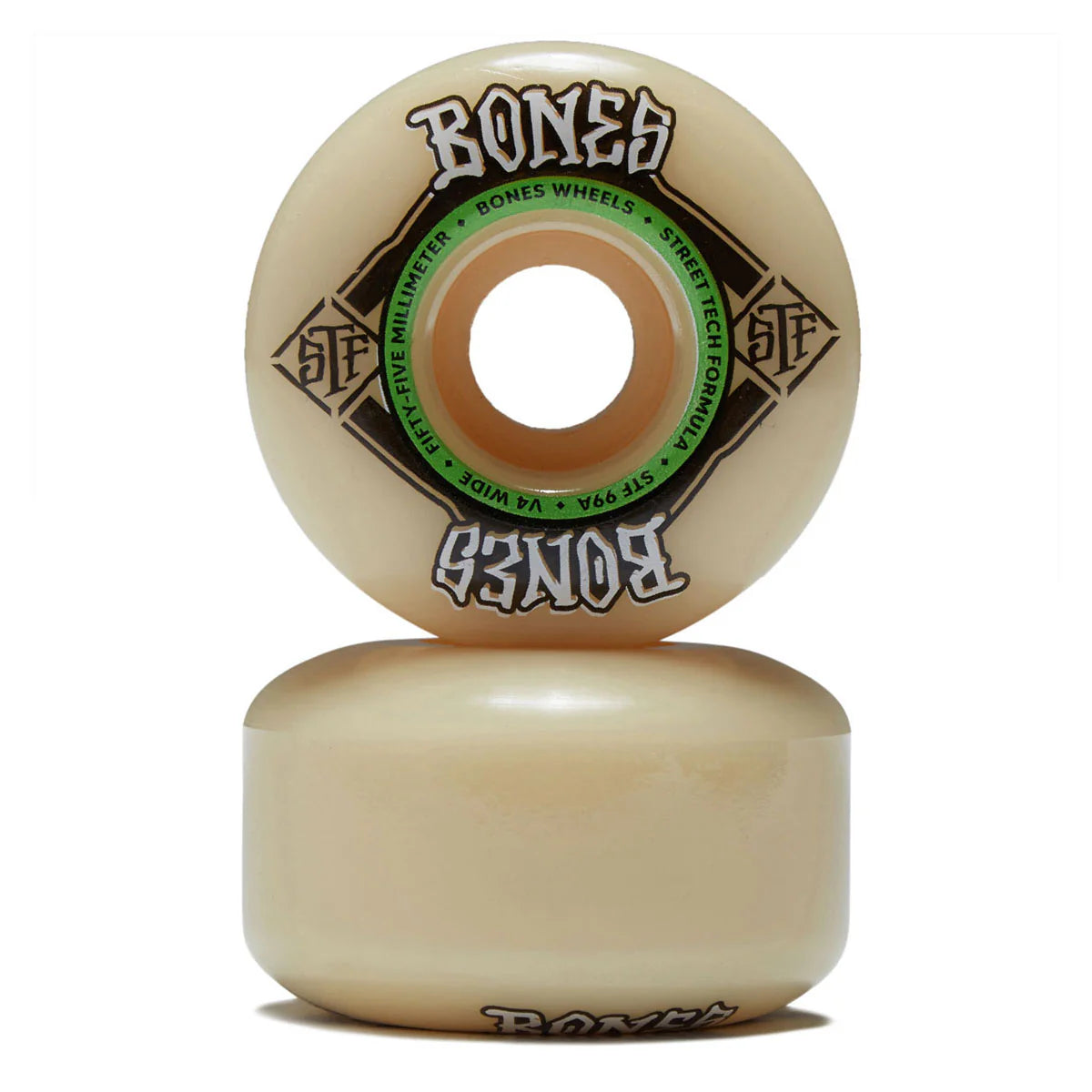 Two skateboard wheels with 'Bones' branding on a white background