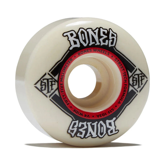 Bones skateboard wheel with white rim and black and red logo on a white background