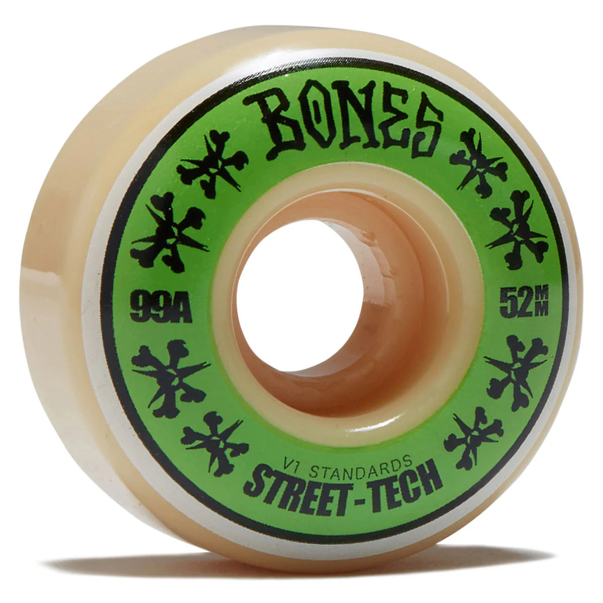 Skateboard wheel with 'Bones' branding on a white background