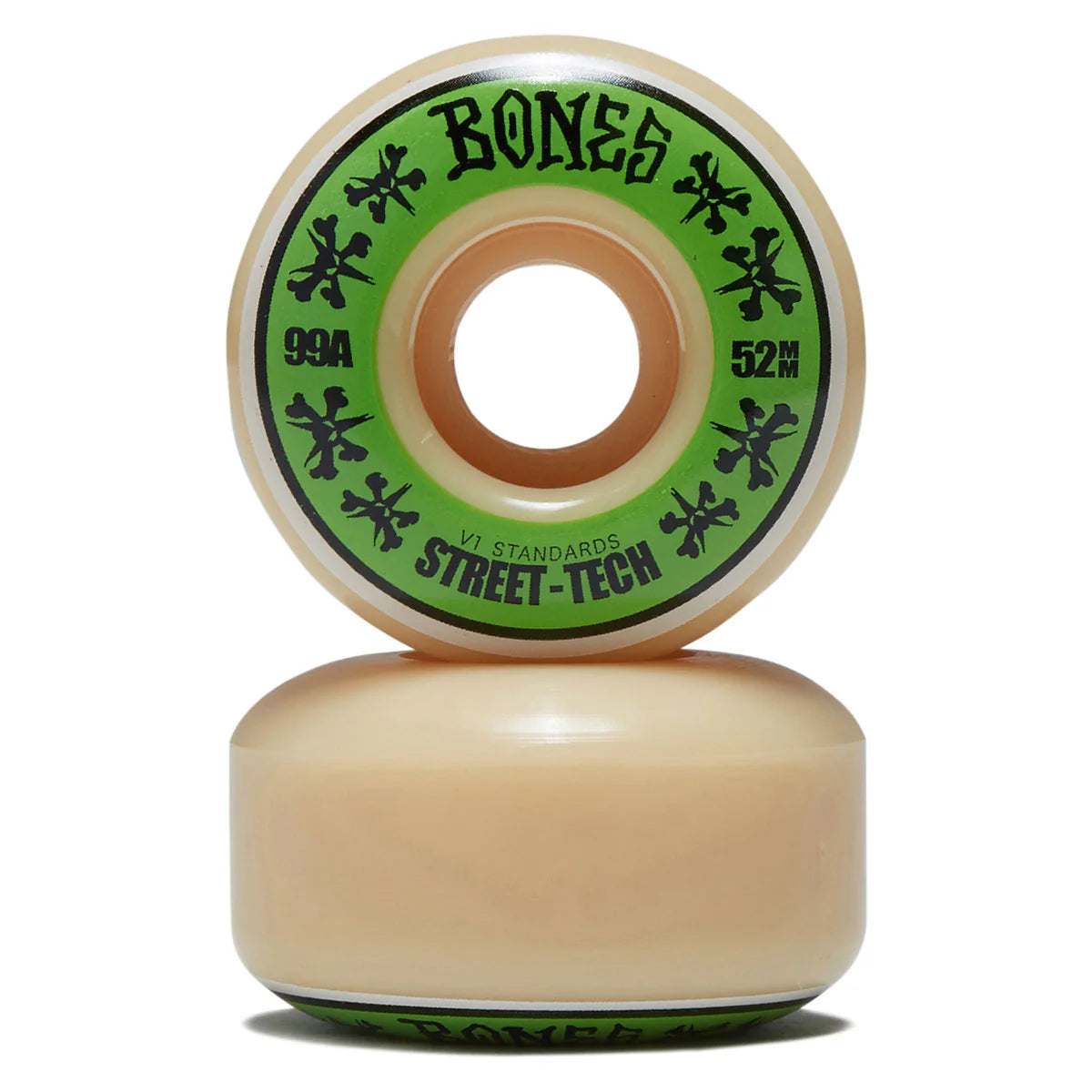 Two skateboard wheels with 'Bones' branding on a white background