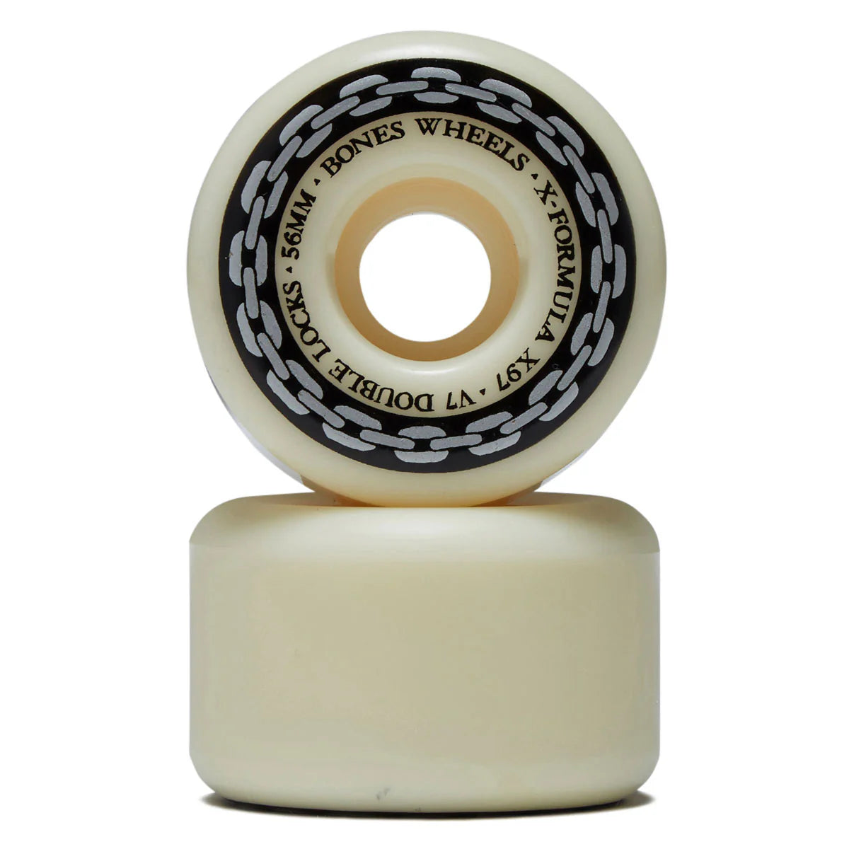 Two cream-colored skateboard wheels with black chain design and text on a white background