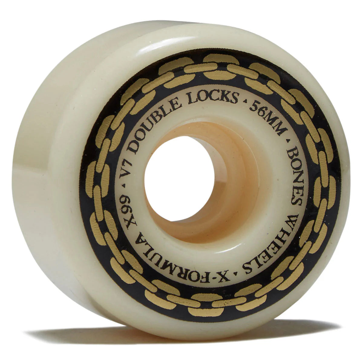 Skateboard wheel with branding and specifications on a white background