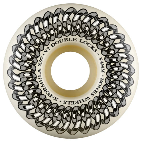 Skateboard wheel with chain design and branding on a white background