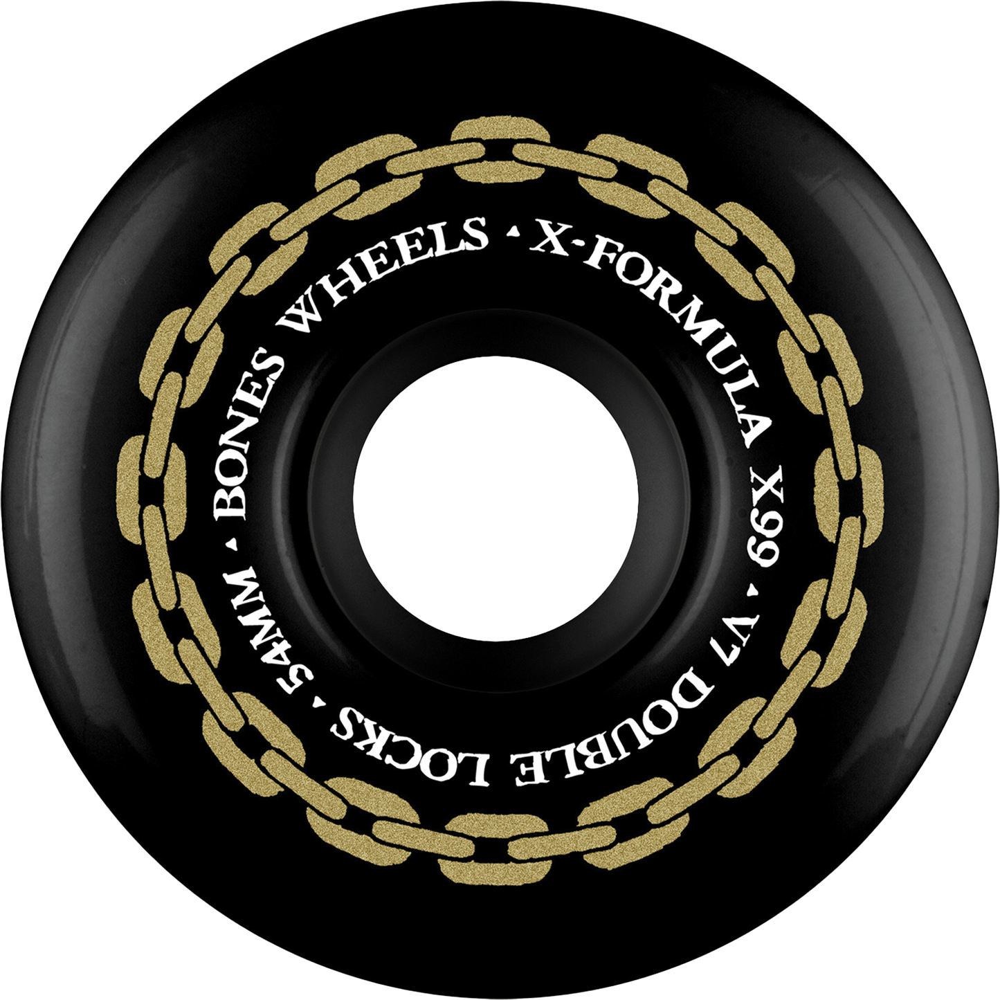 Black wheel with gold chain design and text on a white background