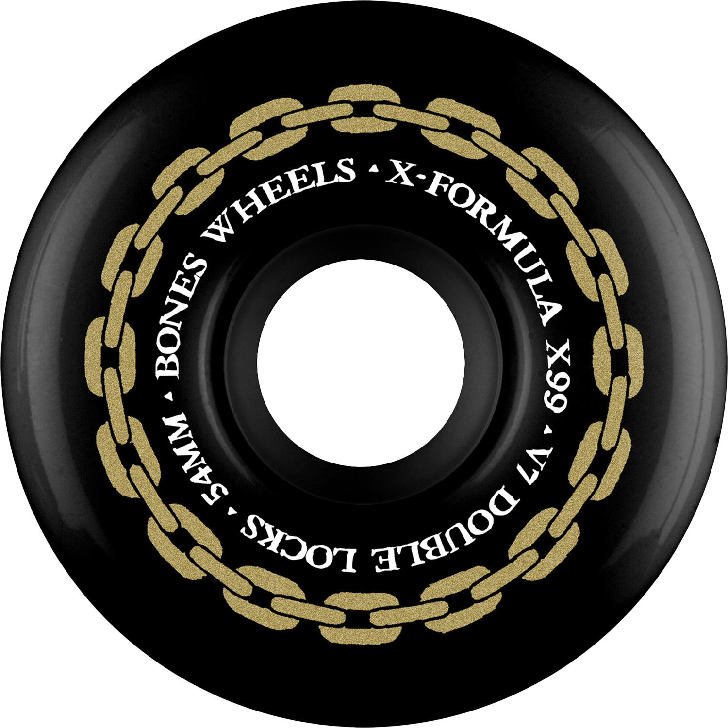 Black wheel with gold chain design and text on a white background
